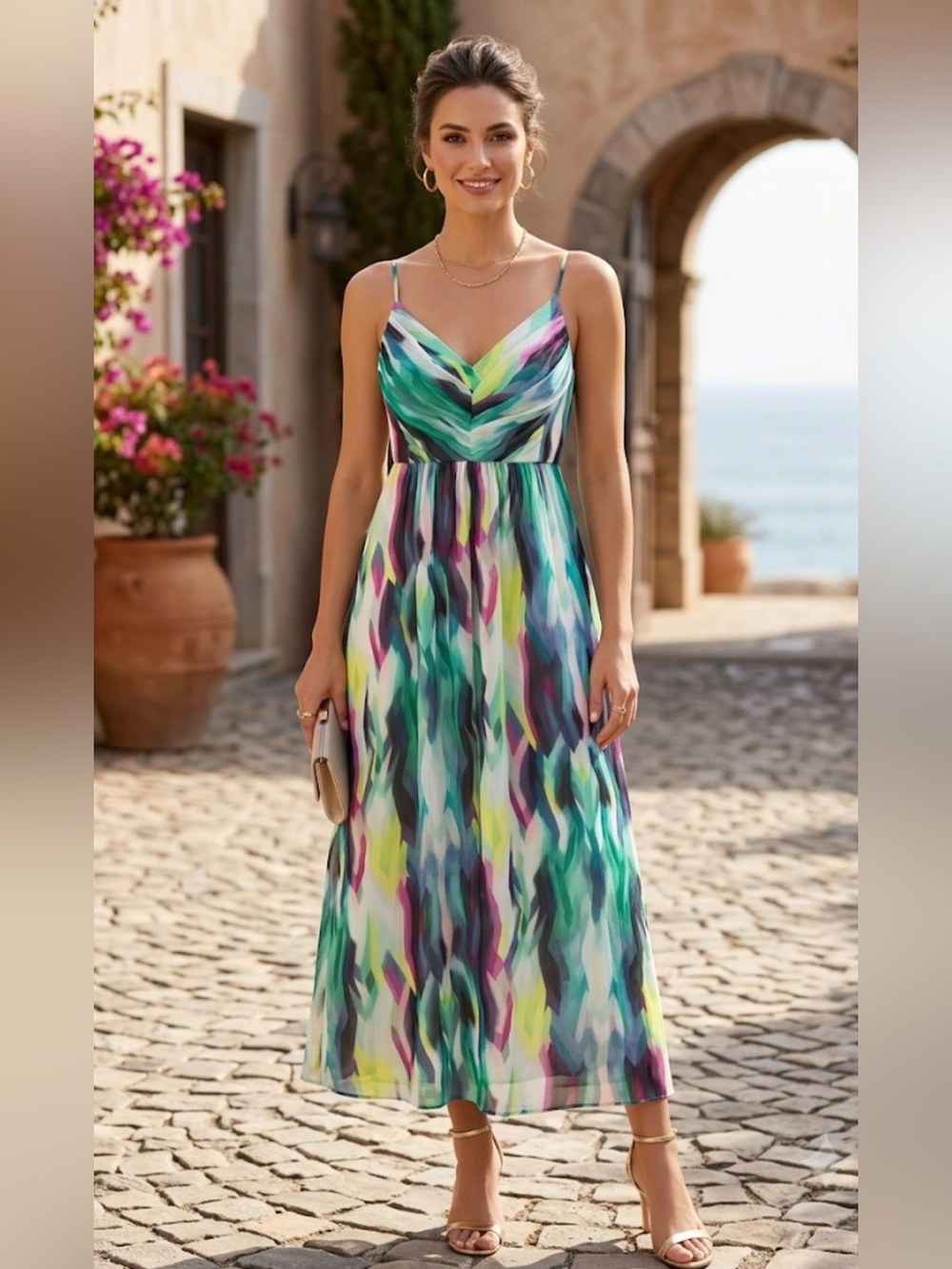 Anne Klein Sleeveless V-Neck Multicolor Maxi Dress